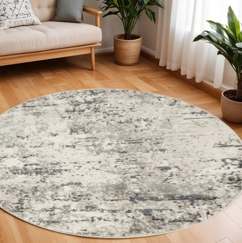 8' Gray Floral Power Loom Round Rug